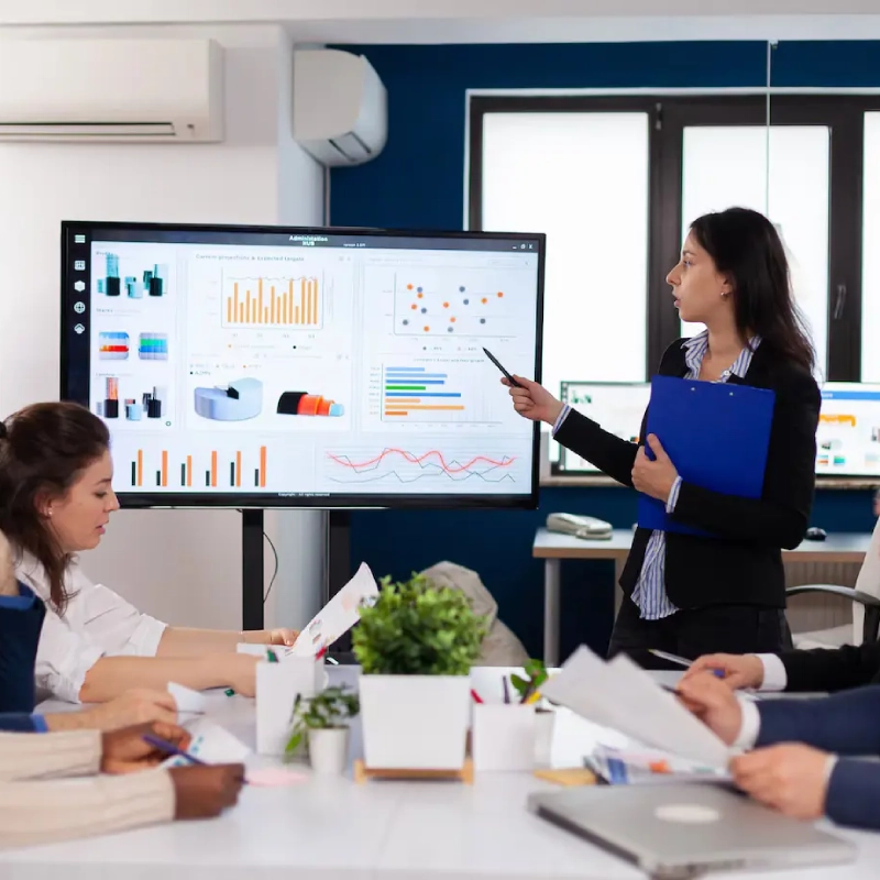 young team leader big corporation briefing coworke